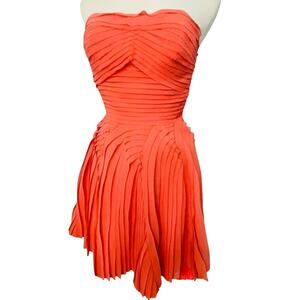 BEBE Vintage Strapless Pleated Chiffon Fit & Flair Coral Cocktail Dress Size 0